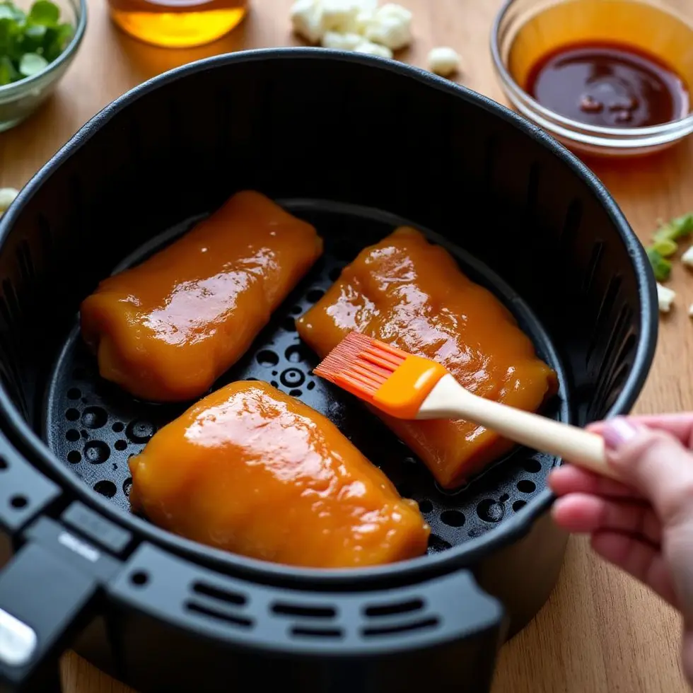 Raw chicken thighs being brushed with oil in air fryer basket, teriyaki glaze in small bowl