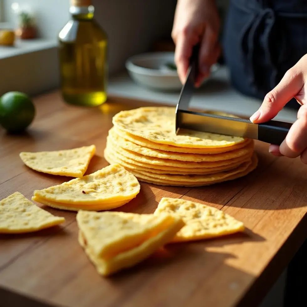 Corn tortillas being cut into triangles on a cutting board with olive oil nearby