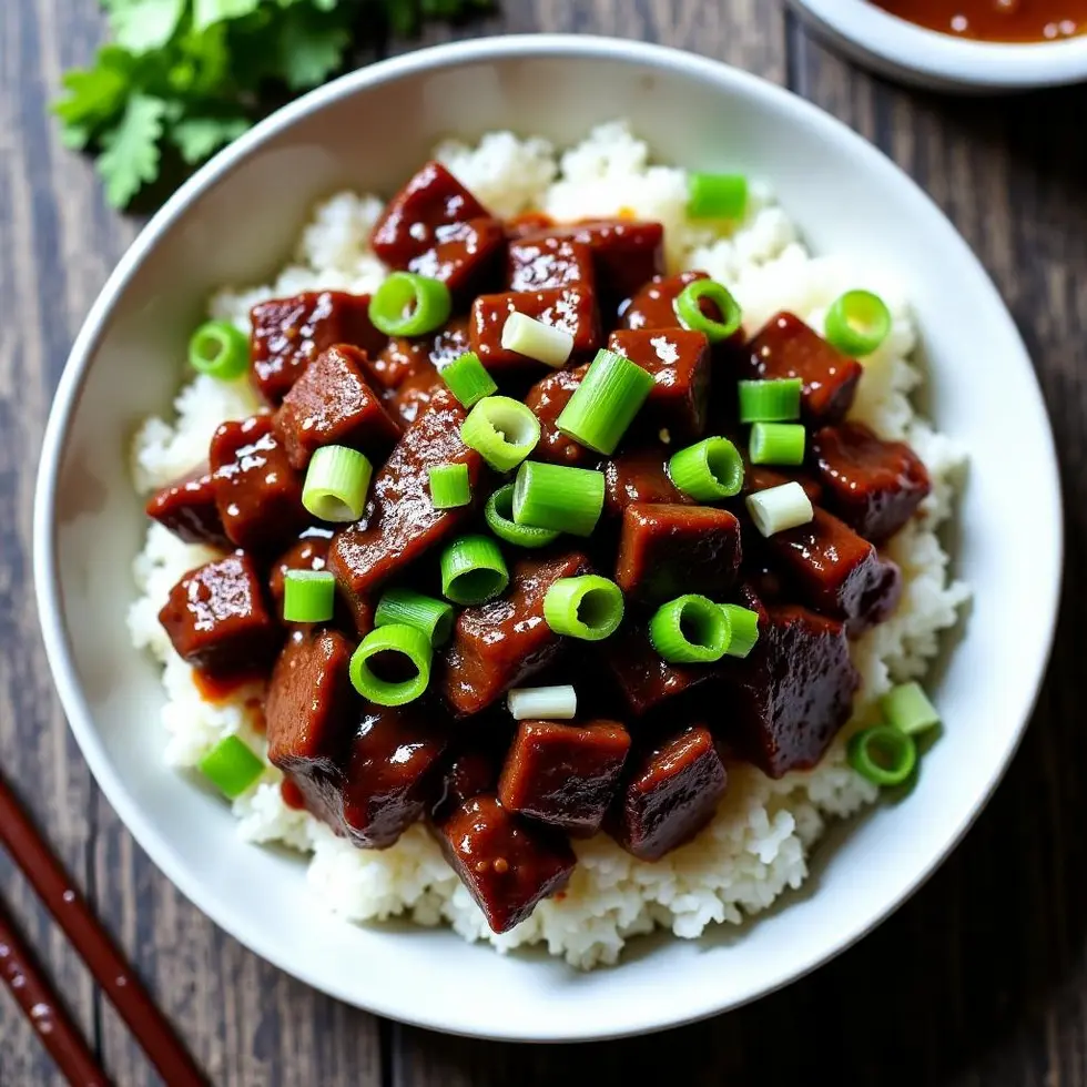 Mongolian beef with glossy sauce over rice in white bowl, green onions scattered throughout — mongolian beef recipe pf changs