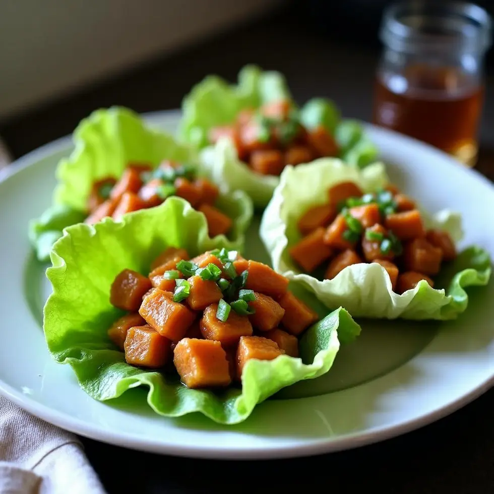 Chicken lettuce wraps with golden filling and diced water chestnuts in butter lettuce cups — pf chang's chicken lettuce wraps recipe