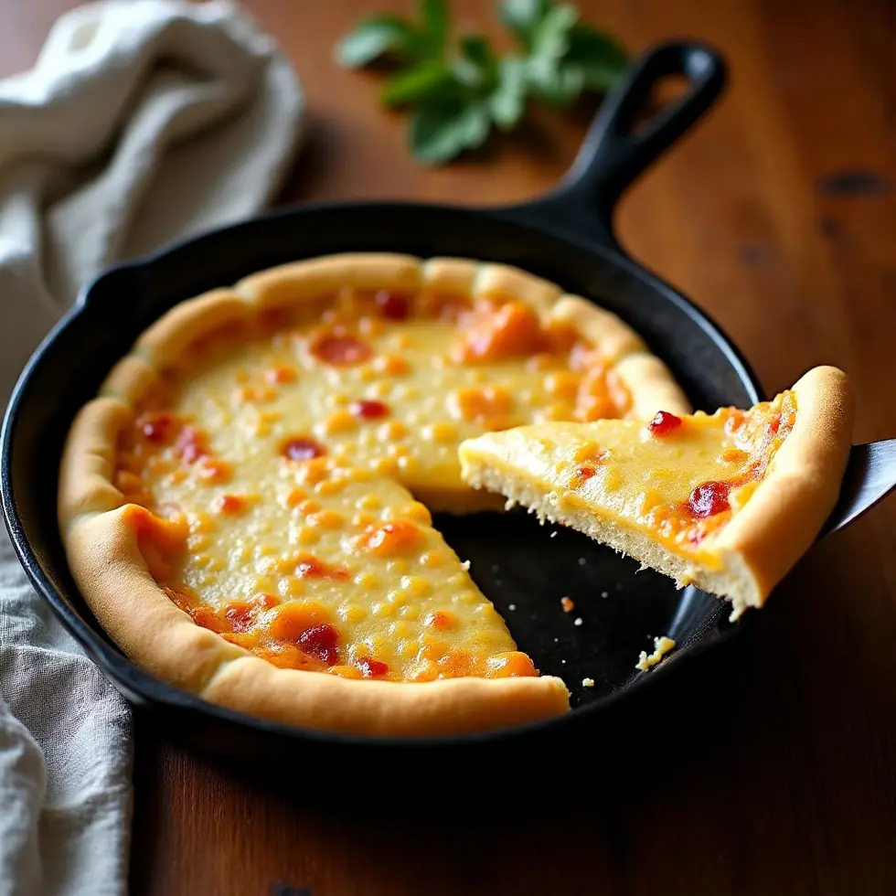 Slice of golden pan pizza dough lifted to show the fried bottom