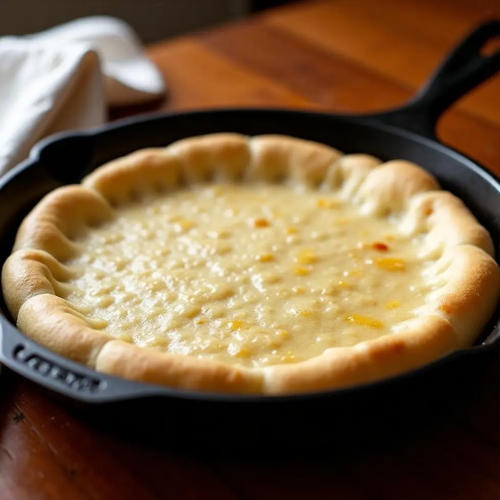 Golden pan pizza dough in a cast iron skillet with fried edges — pizza dough recipe pizza hut