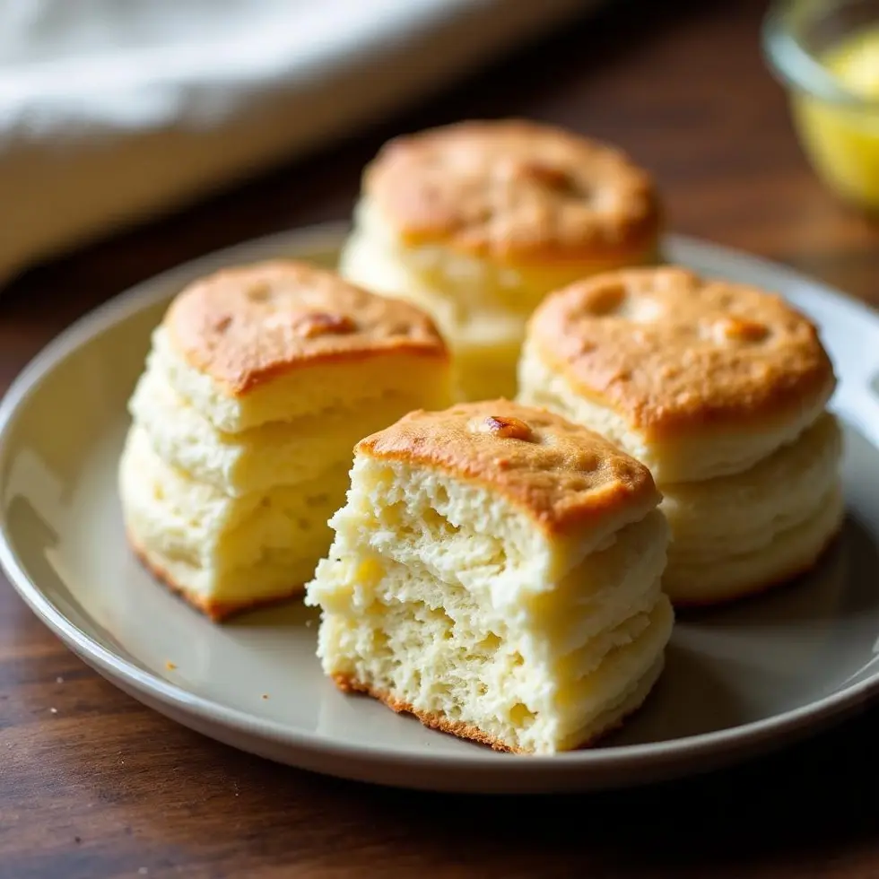Split buttermilk biscuit showing flaky layers and fluffy interior on a plate