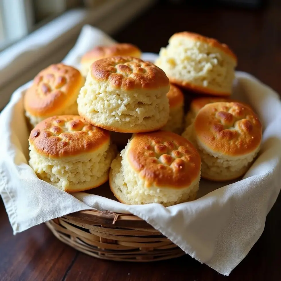 Golden brown Cracker Barrel style biscuits in a basket, tall and flaky with buttered tops