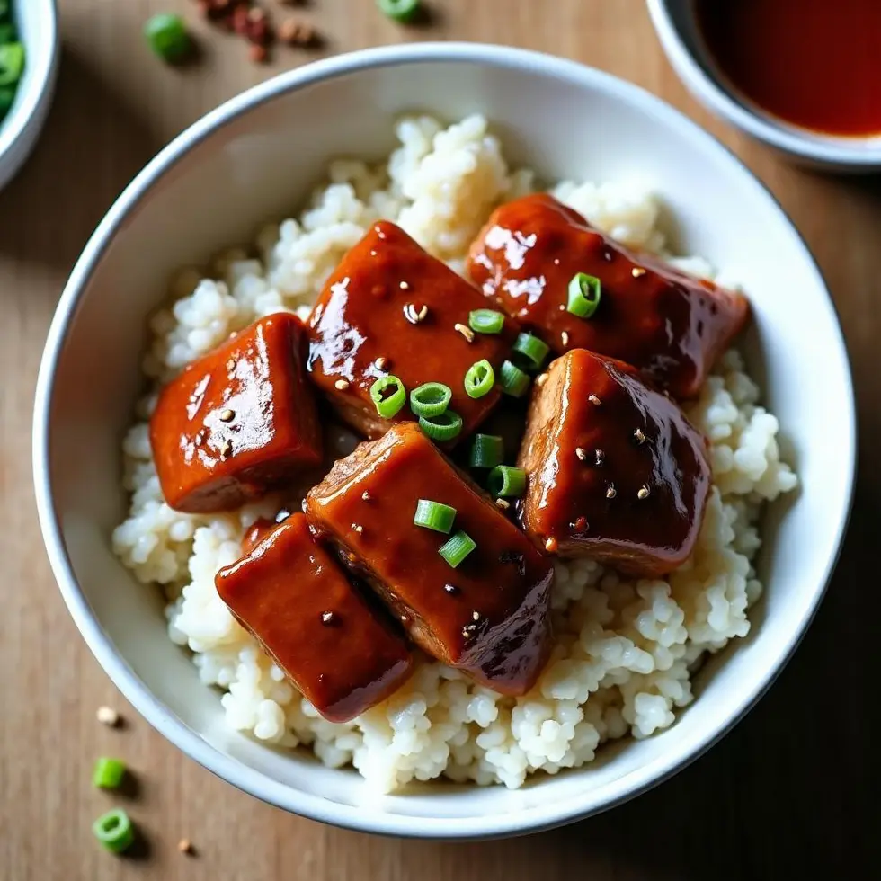 Teriyaki chicken rice bowl with glazed sliced chicken arranged over steamed rice