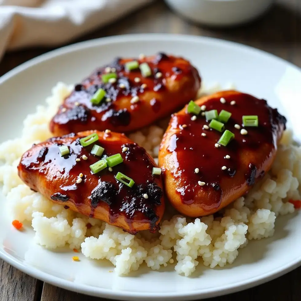 Sliced teriyaki chicken with sticky mahogany glaze over white rice on a ceramic plate
