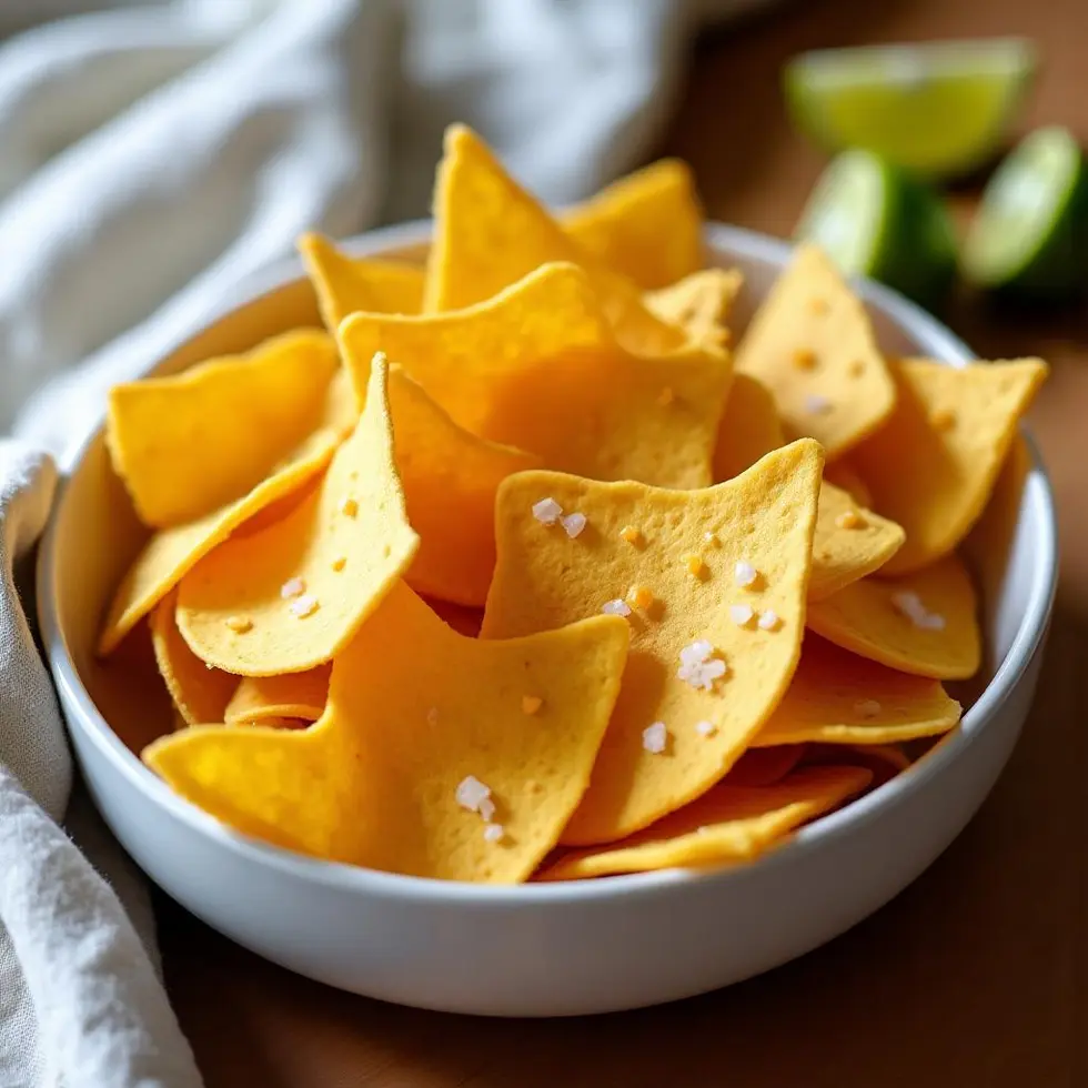 Golden tortilla chips with toasted edges in a ceramic bowl beside lime wedges on a wooden table