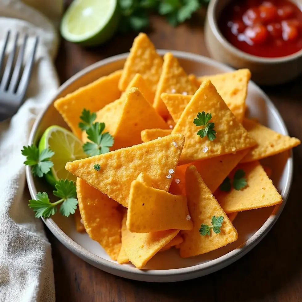 Crispy chips served with salsa and fresh lime juice in a casual home setting