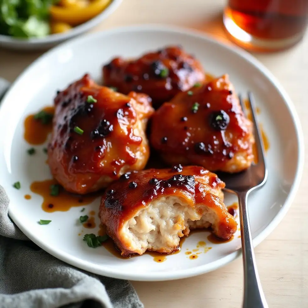 Barbecue chicken thigh cut open to show moist cooked interior with sticky sauce