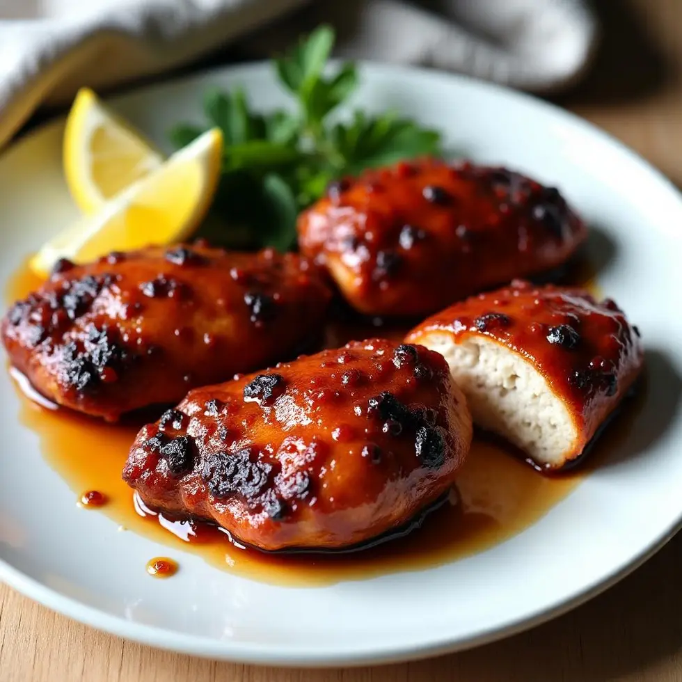 Air fryer barbecue chicken thighs with glossy caramelized sauce on a white plate