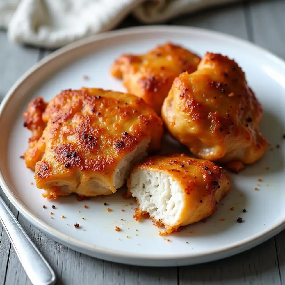 Close-up of crispy chicken thigh cut open showing juicy cooked meat inside