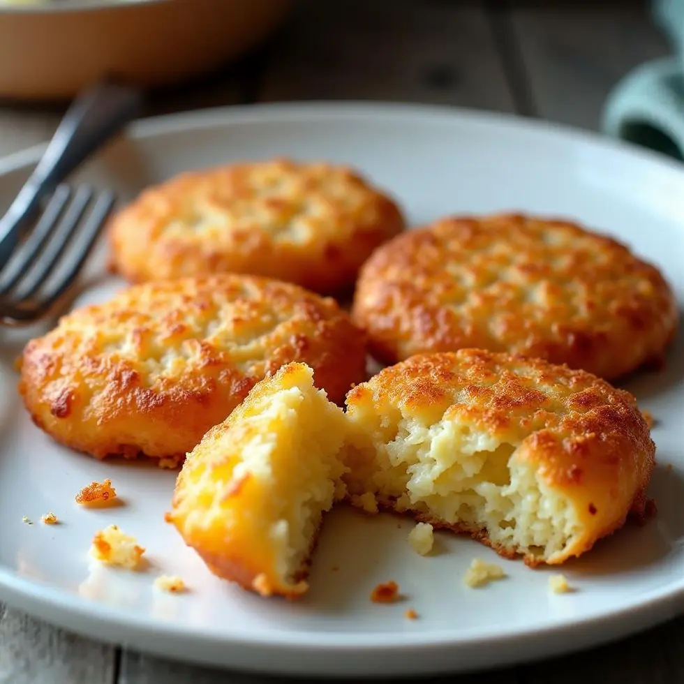 Crispy hash brown patty broken open showing the shredded potato texture inside