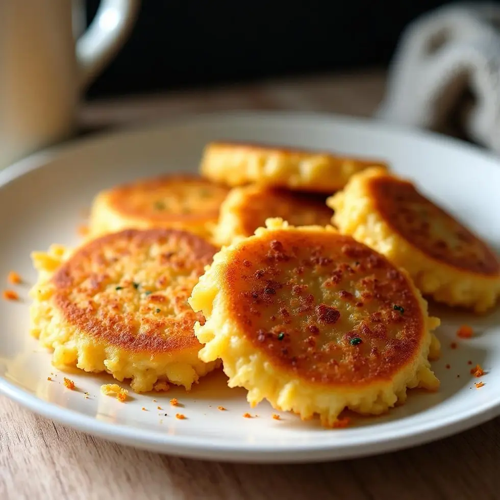 Golden brown air fryer hash brown patties with crispy edges on a white plate