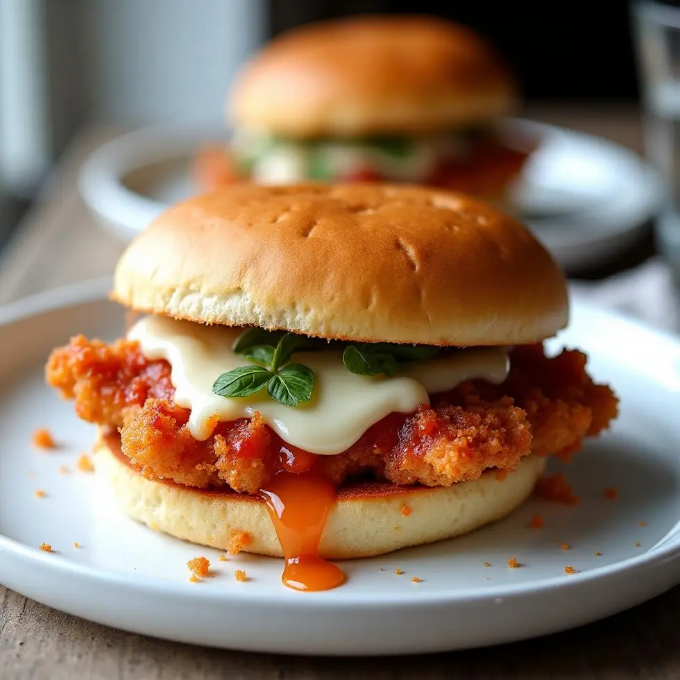 Crispy chicken parmesan sandwich on toasted roll with melted cheese and sauce