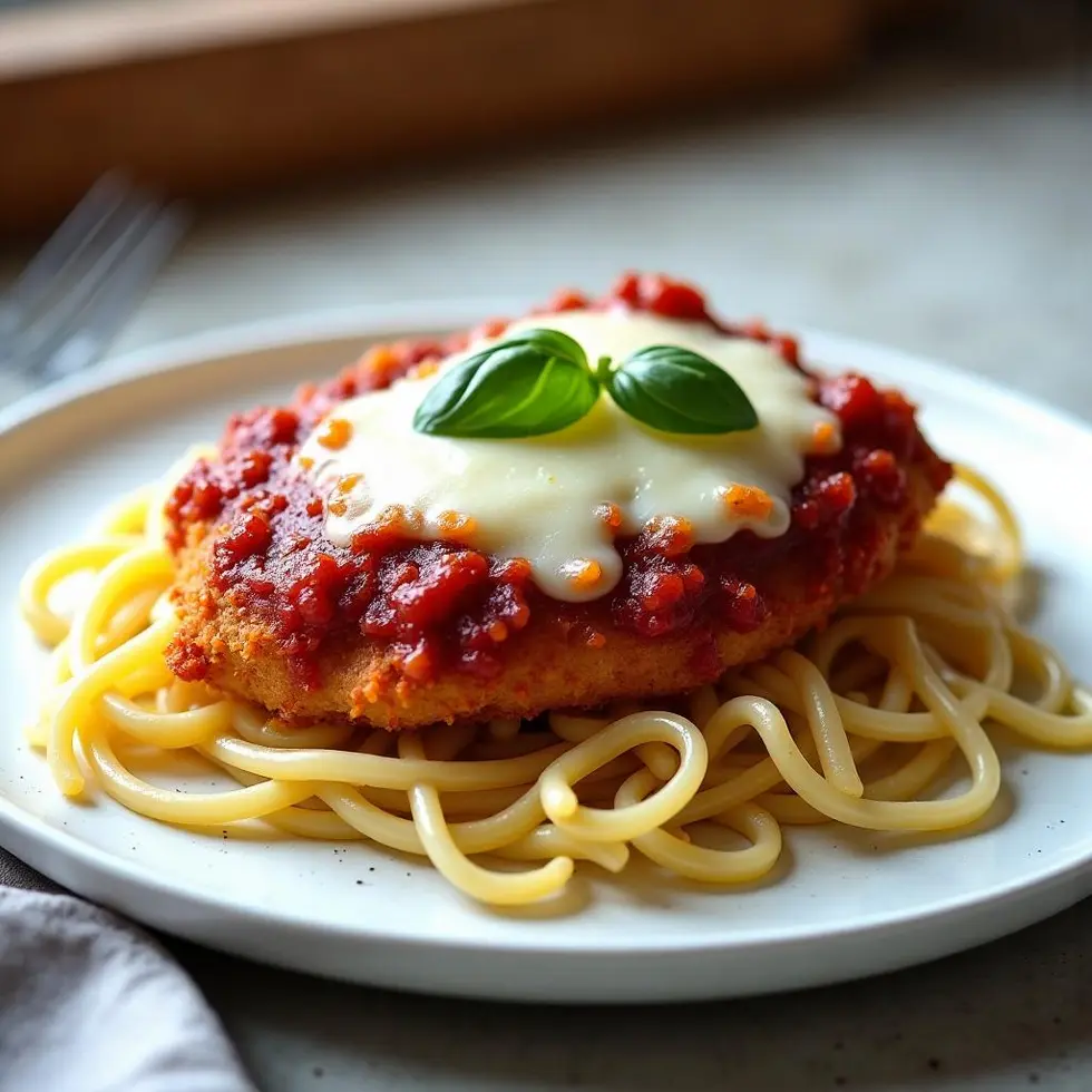 Golden breaded chicken cutlet topped with marinara and melted mozzarella on a white plate over pasta — chicken parm in air fryer