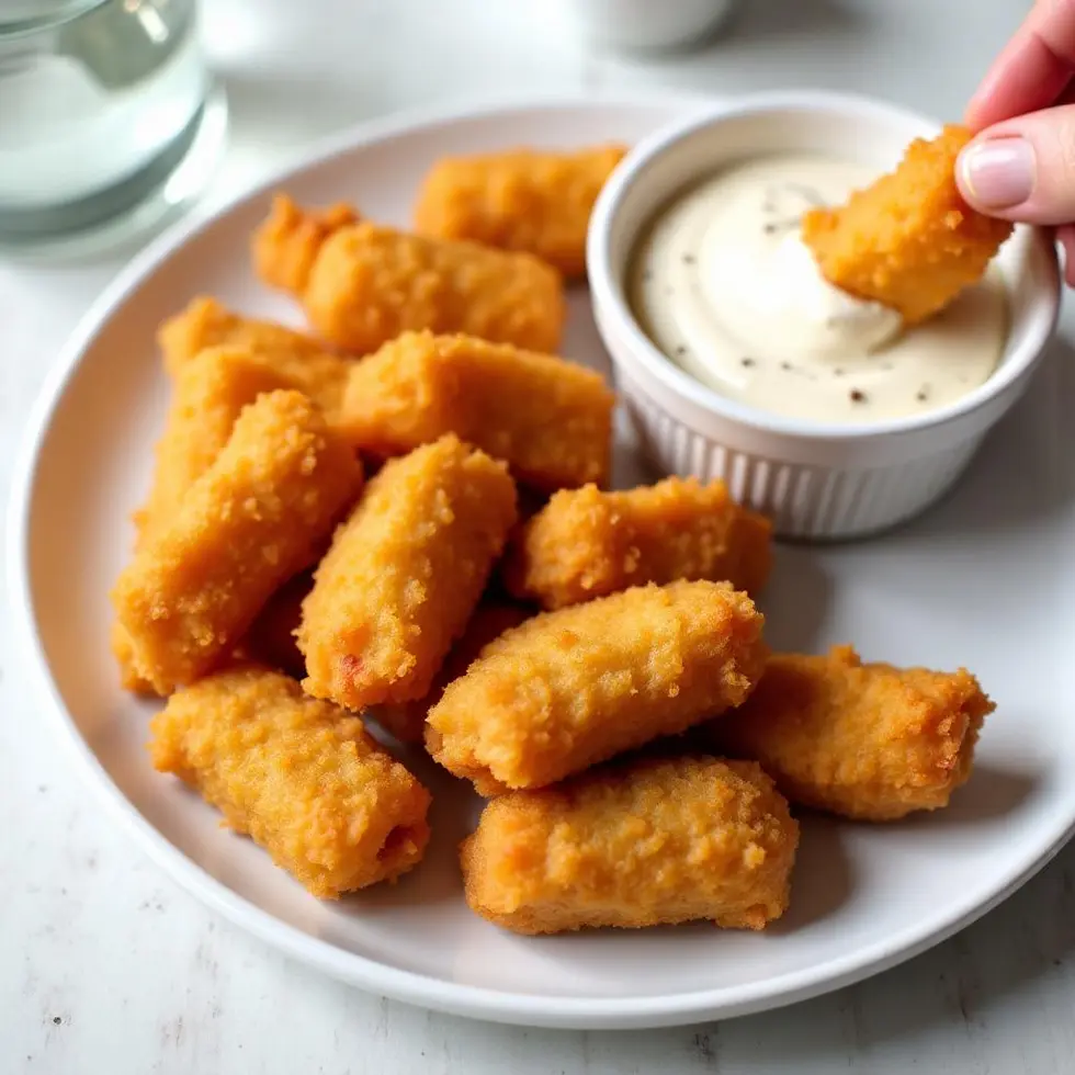 Crispy nugget being dipped into creamy sauce in a small bowl on wooden table