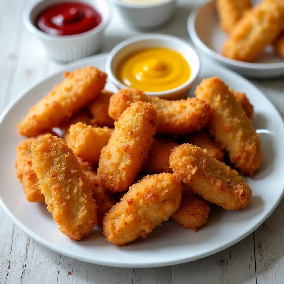 Golden brown frozen chicken nuggets from the air fryer on a white plate with three dipping sauces — frozen chicken nugget air fryer