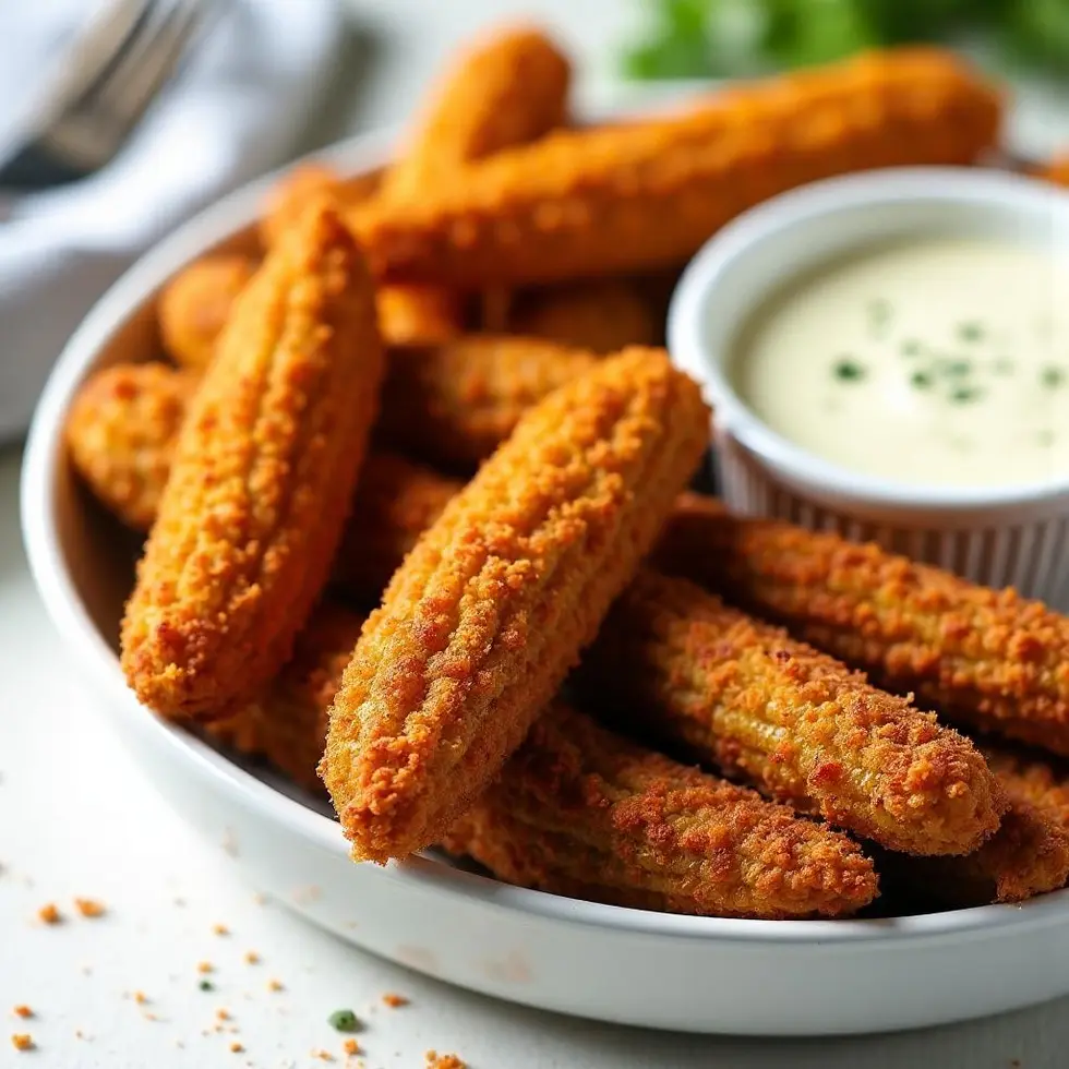 Crispy okra served with creamy dipping sauce in a small white ramekin