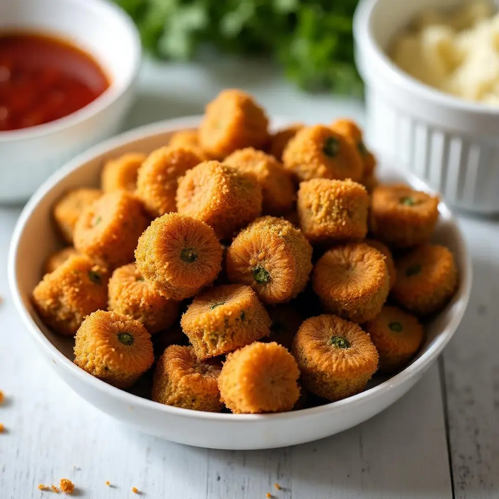 Crispy golden-brown air fryer okra in a white bowl on a wooden table