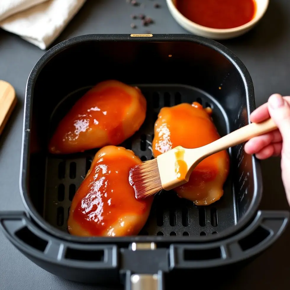 Brushing barbecue sauce onto golden chicken thighs in an air fryer basket