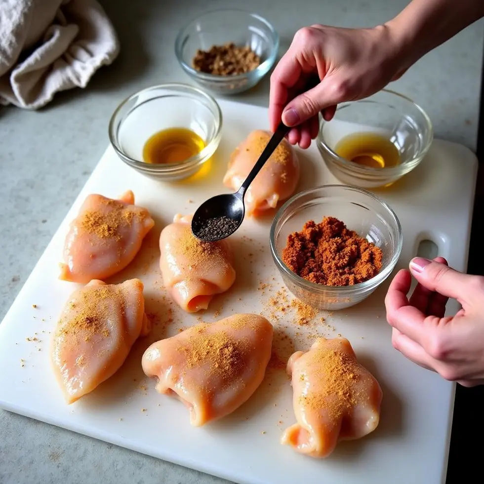 Raw chicken thighs being seasoned with spices on a cutting board