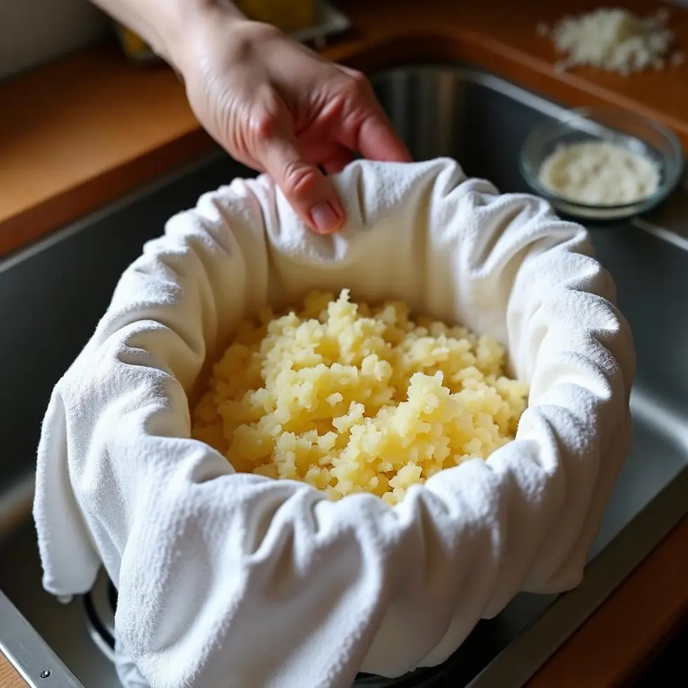 Shredded potatoes being squeezed in a kitchen towel to remove moisture