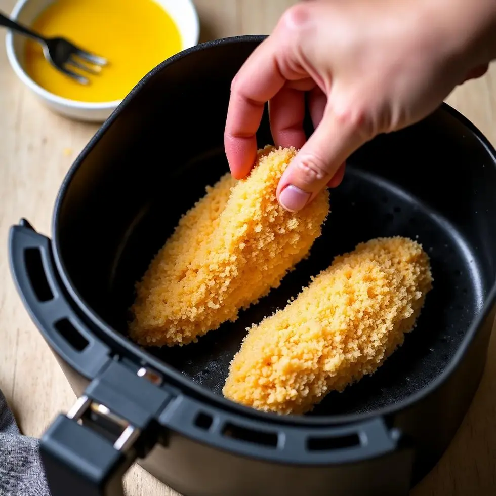 Panko-coated chicken cutlet being placed into black air fryer basket before cooking