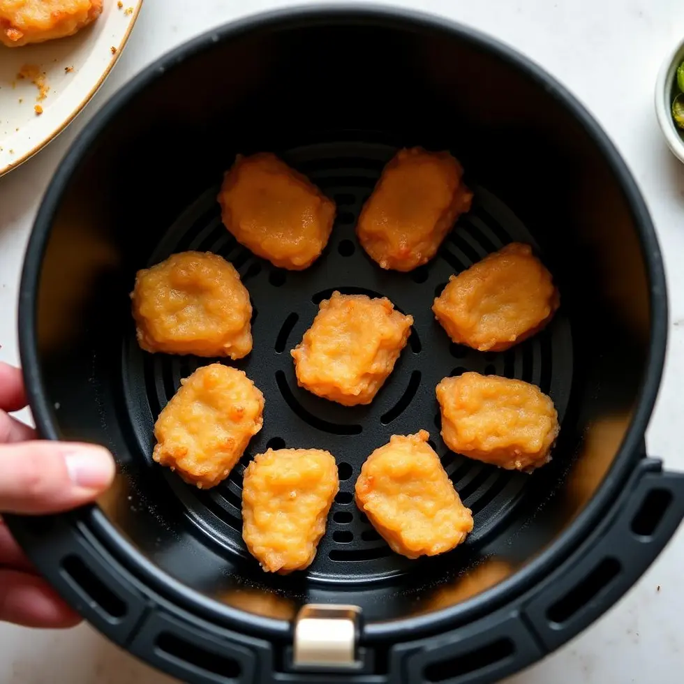 Frozen nuggets arranged in single layer inside air fryer basket with space between pieces