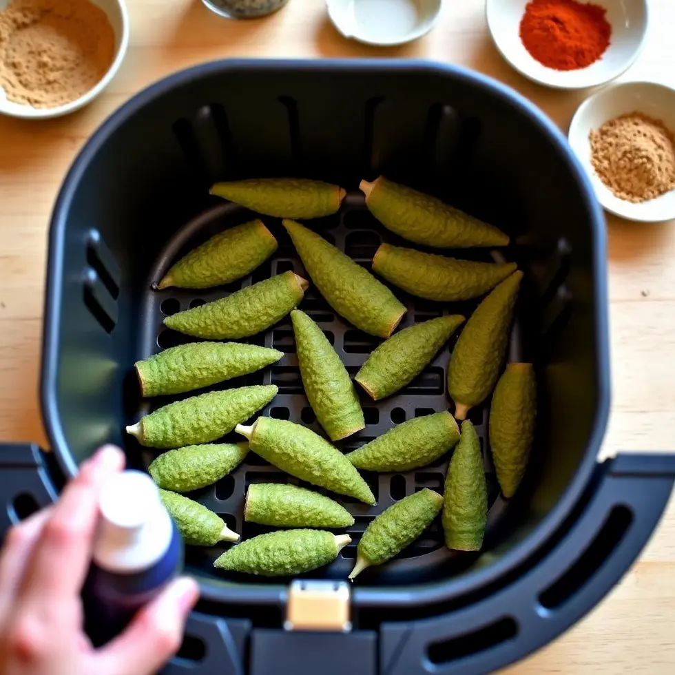 Frozen breaded okra arranged in single layer in air fryer basket with spices nearby