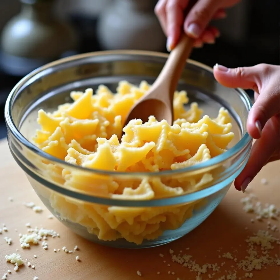 Cooked pasta being tossed with olive oil and parmesan in a glass bowl before air frying