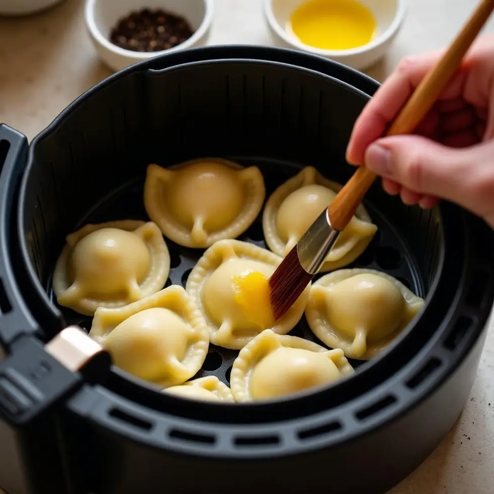 Brushing frozen pierogies with melted butter in an air fryer basket