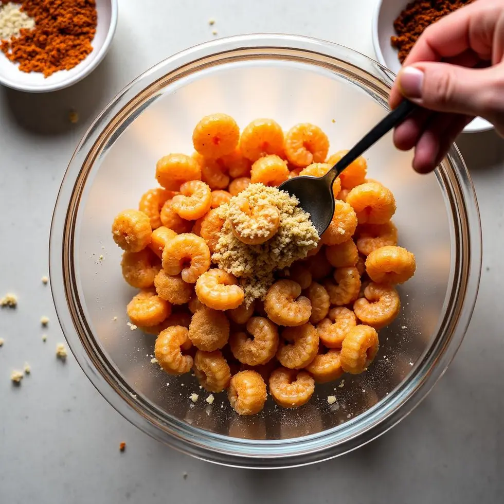 Raw shrimp being tossed with panko breadcrumbs in a glass bowl