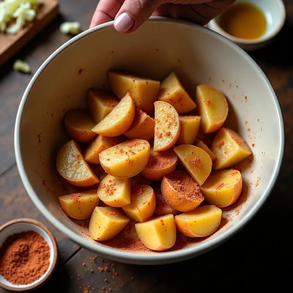 Potato wedges being tossed in seasoned flour mixture in a mixing bowl