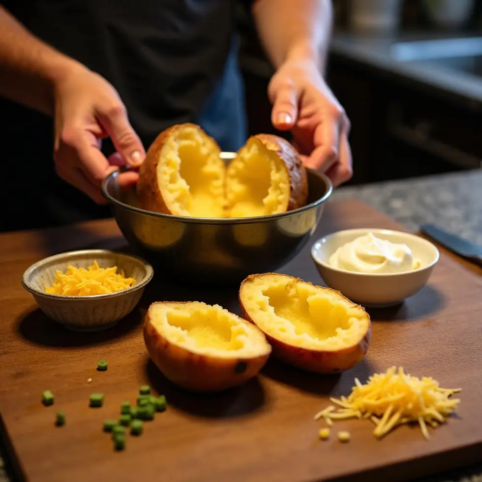 Scooping baked potato flesh into a bowl with butter and cheddar nearby on a cutting board