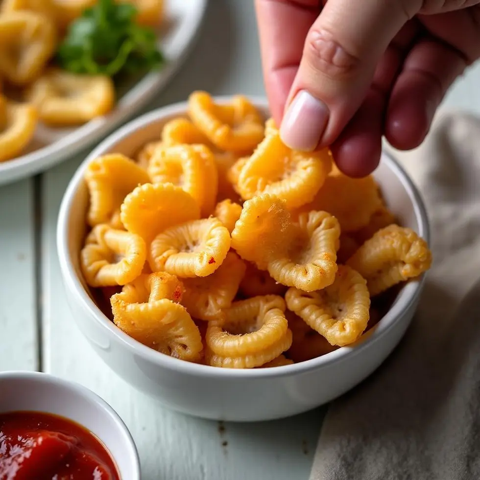 Hand reaching for a crispy pasta chip next to marinara dipping sauce