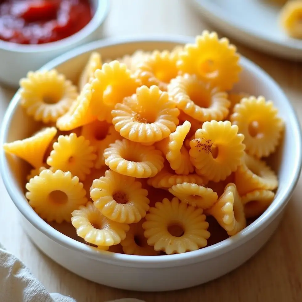 Golden brown pasta chips with parmesan in a white bowl, crispy and ready for dipping