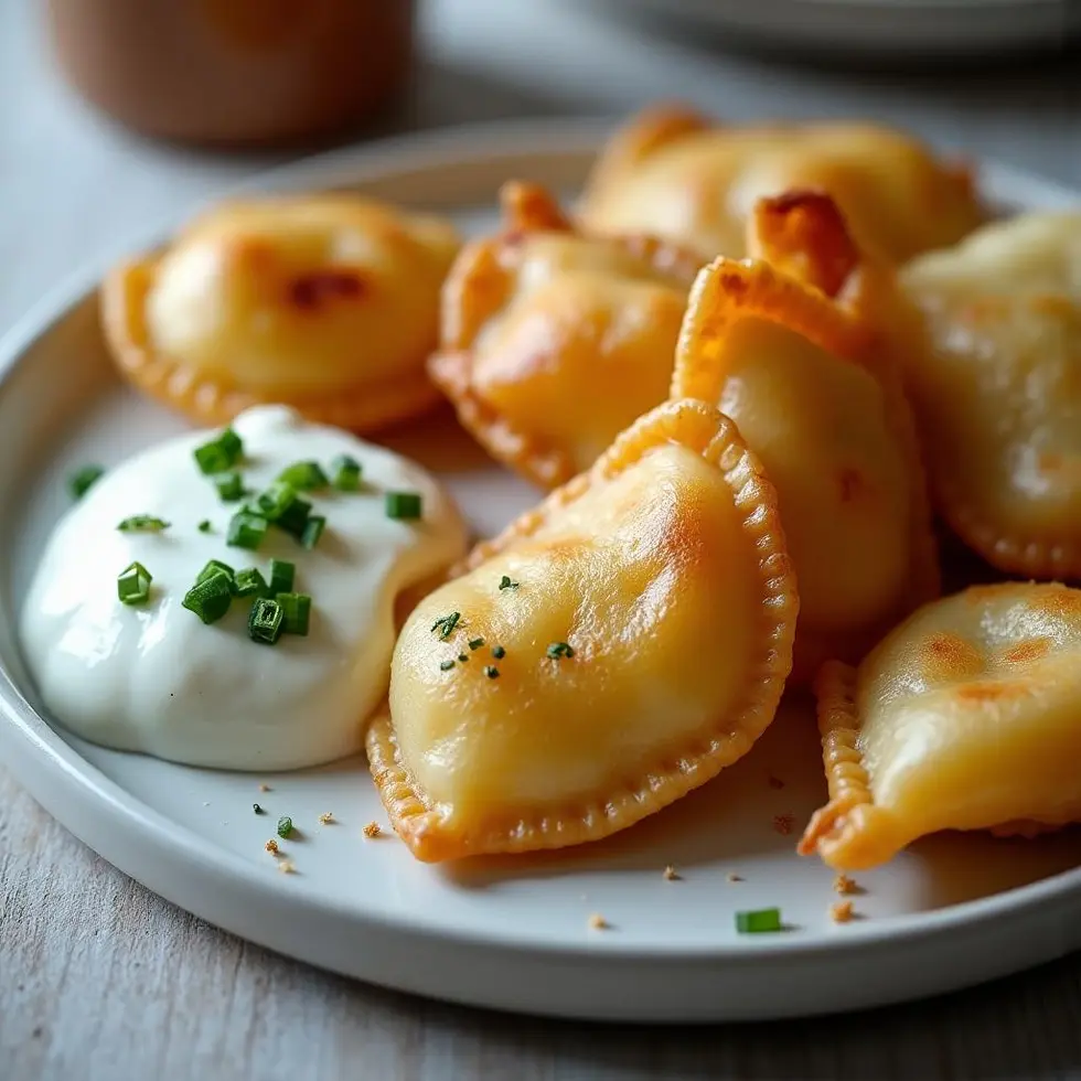Air fried pierogi cut open showing potato cheese filling with crispy exterior