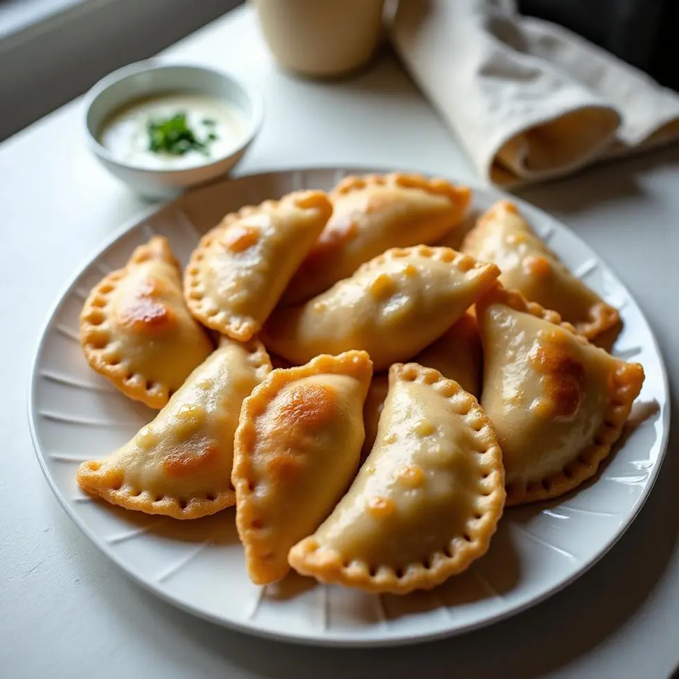 Golden crispy pierogies on a white plate with sour cream and fresh chives — pierogies air fryer