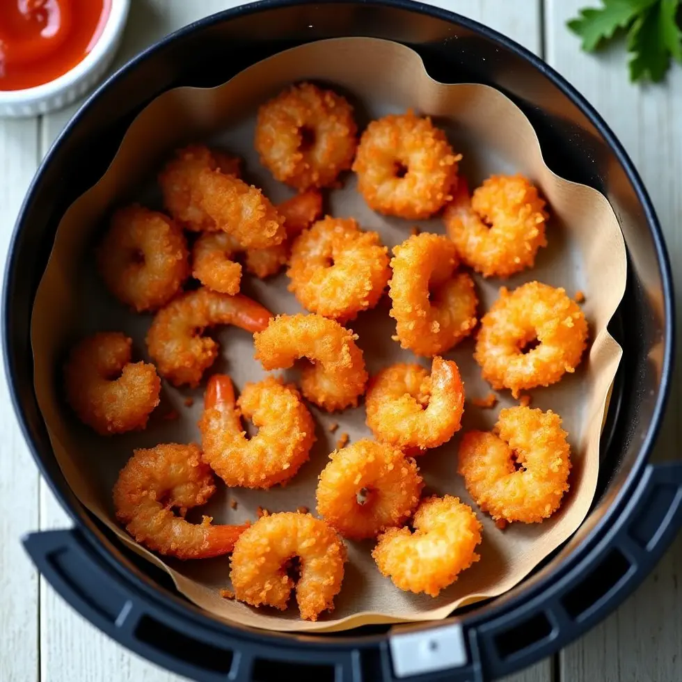 Golden brown popcorn shrimp in air fryer basket with cocktail sauce