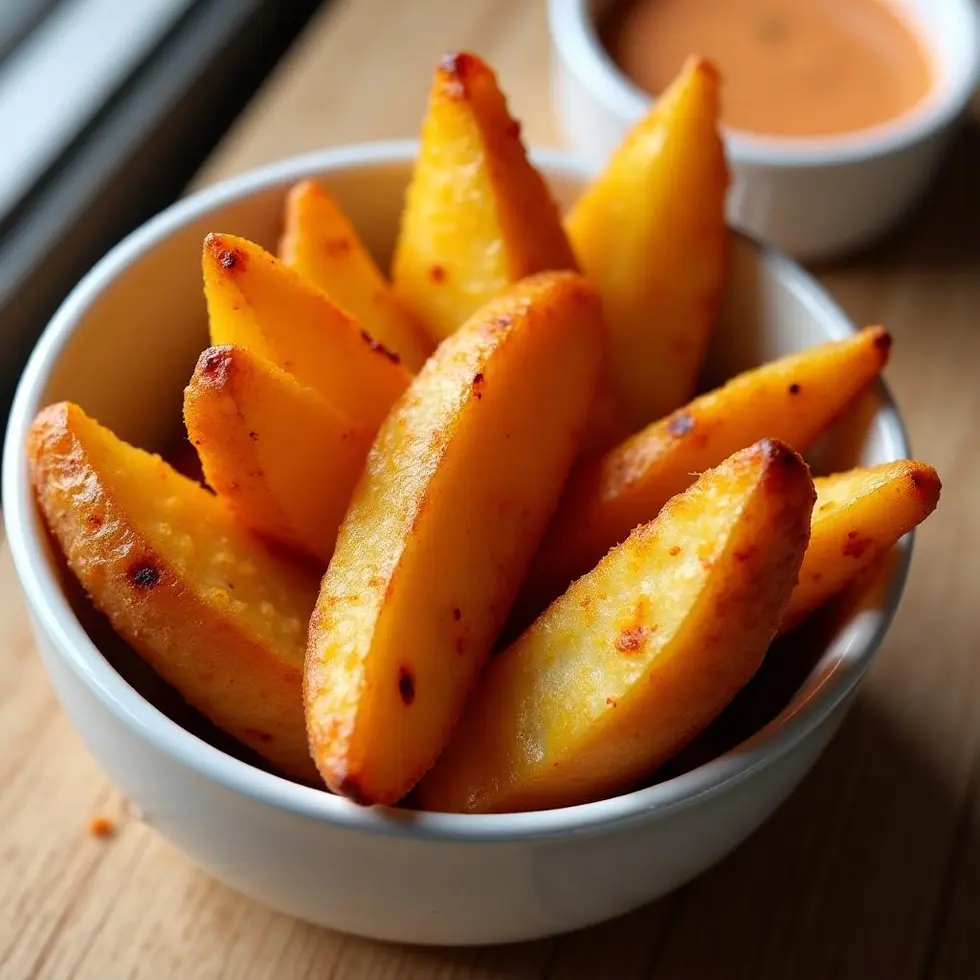 Golden brown potato wedges with paprika coating in a white bowl on a wooden table
