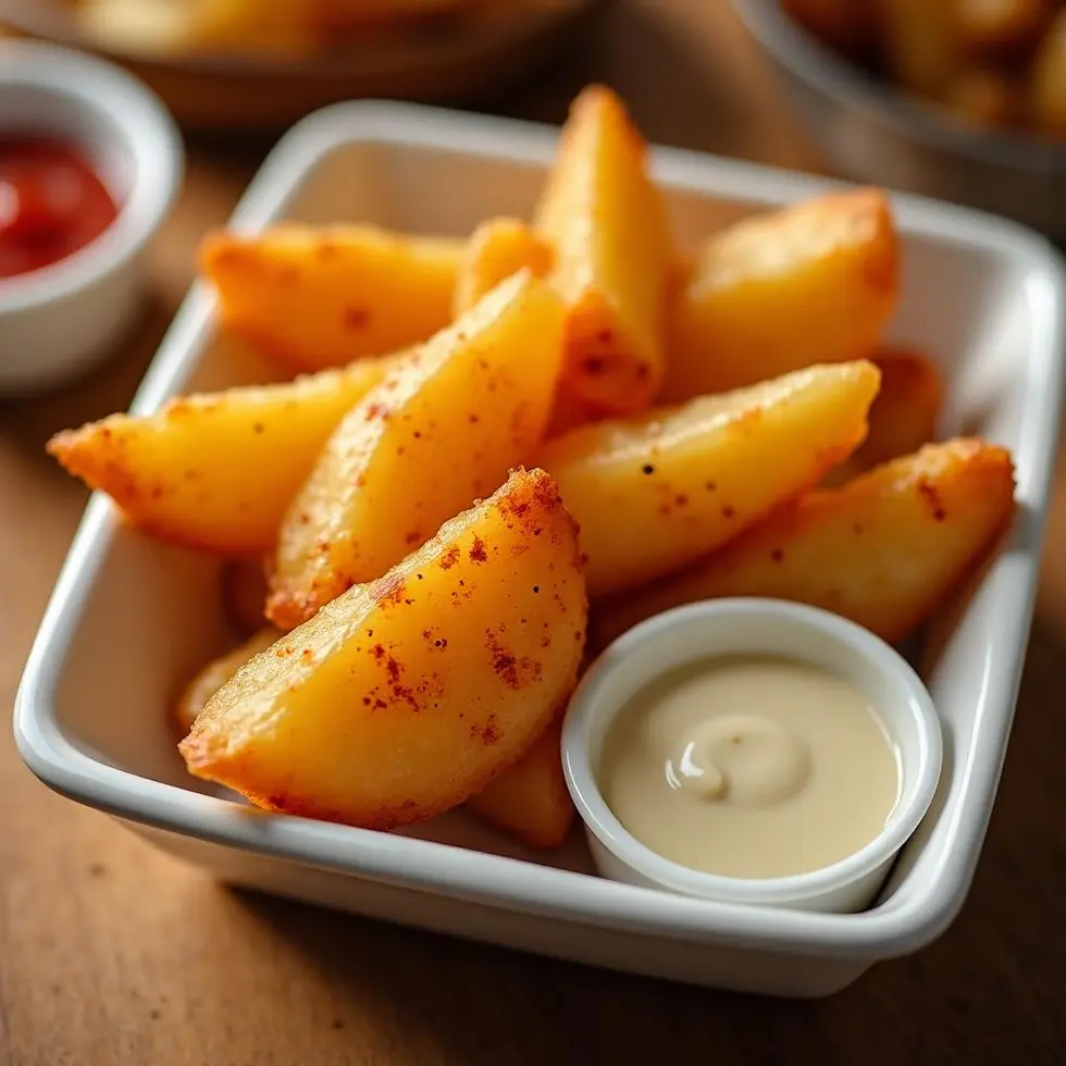 Crispy potato wedges with one broken open showing fluffy interior, served with dipping sauce