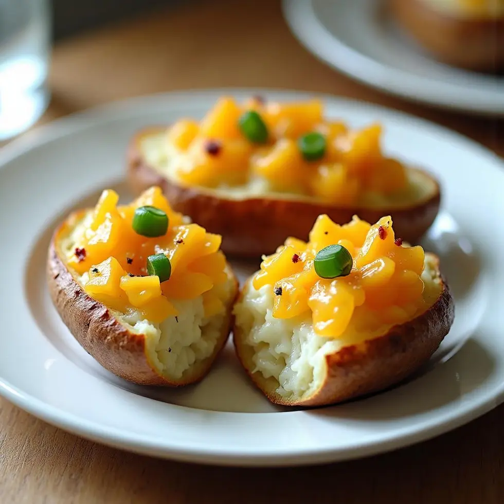 Cut open stuffed potato showing creamy cheddar filling inside crispy air fried shell