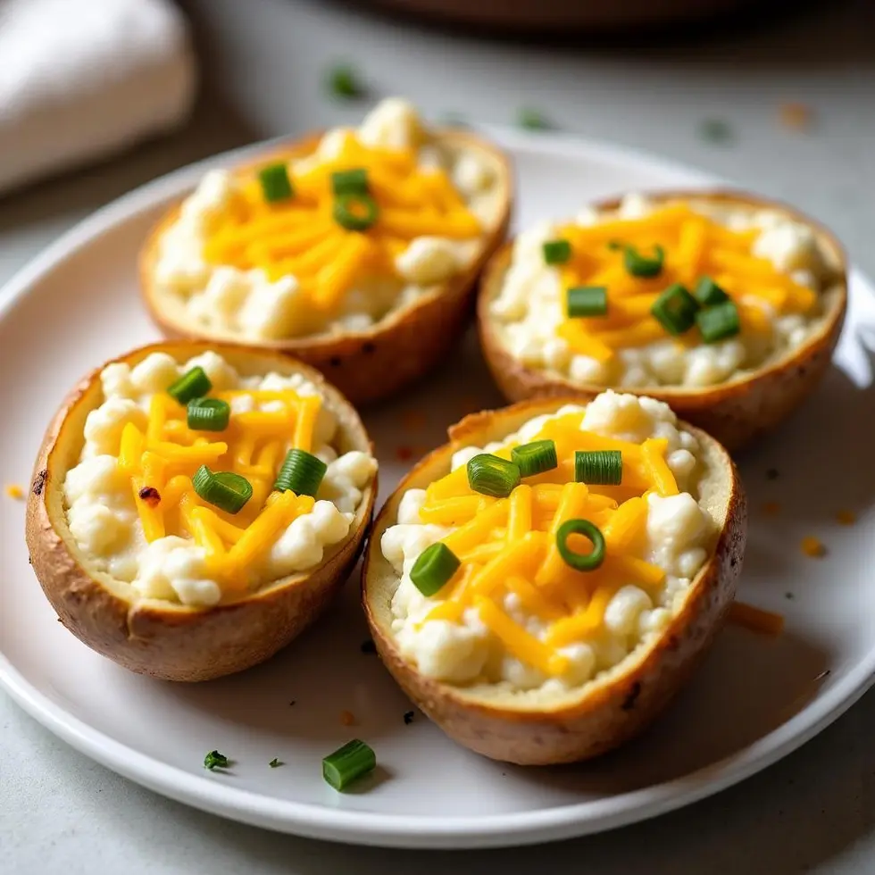 Twice baked potatoes with melted cheddar and chives on a white plate, golden crispy edges — twice baked potato air fryer